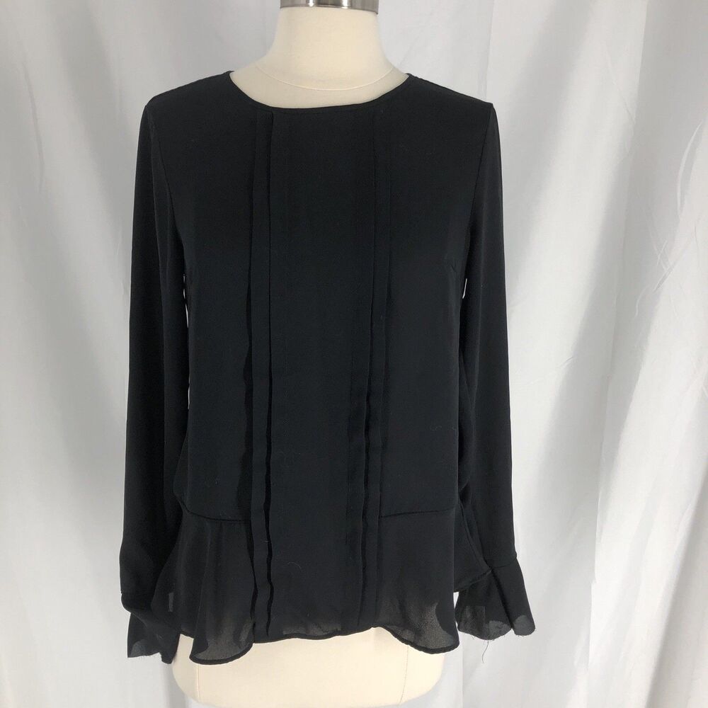 Banana Republic Black Long Sleeve Bell Cuff Pleated Blouse Size XS